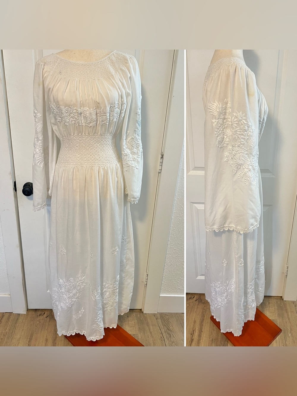 VNTG 70s Embroidered Smocked Waist Bell Sleeve Wedding Gown